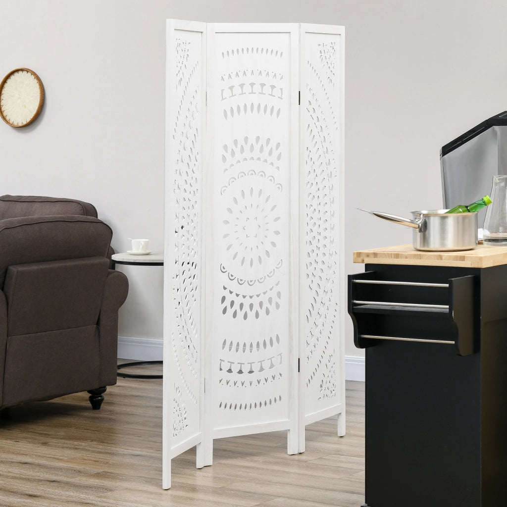 Paravento Pieghevole 3 Pannelli ¨C zephmum ¨C Legno Intagliato Bianco 120x170cm