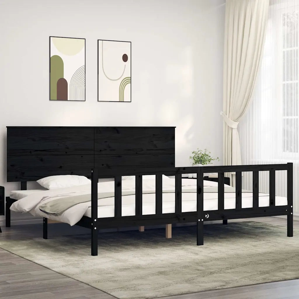 Letto matrimoniale | Letto per adulti | Giroletto con Testiera Nero 200x200 cm in Legno Massello