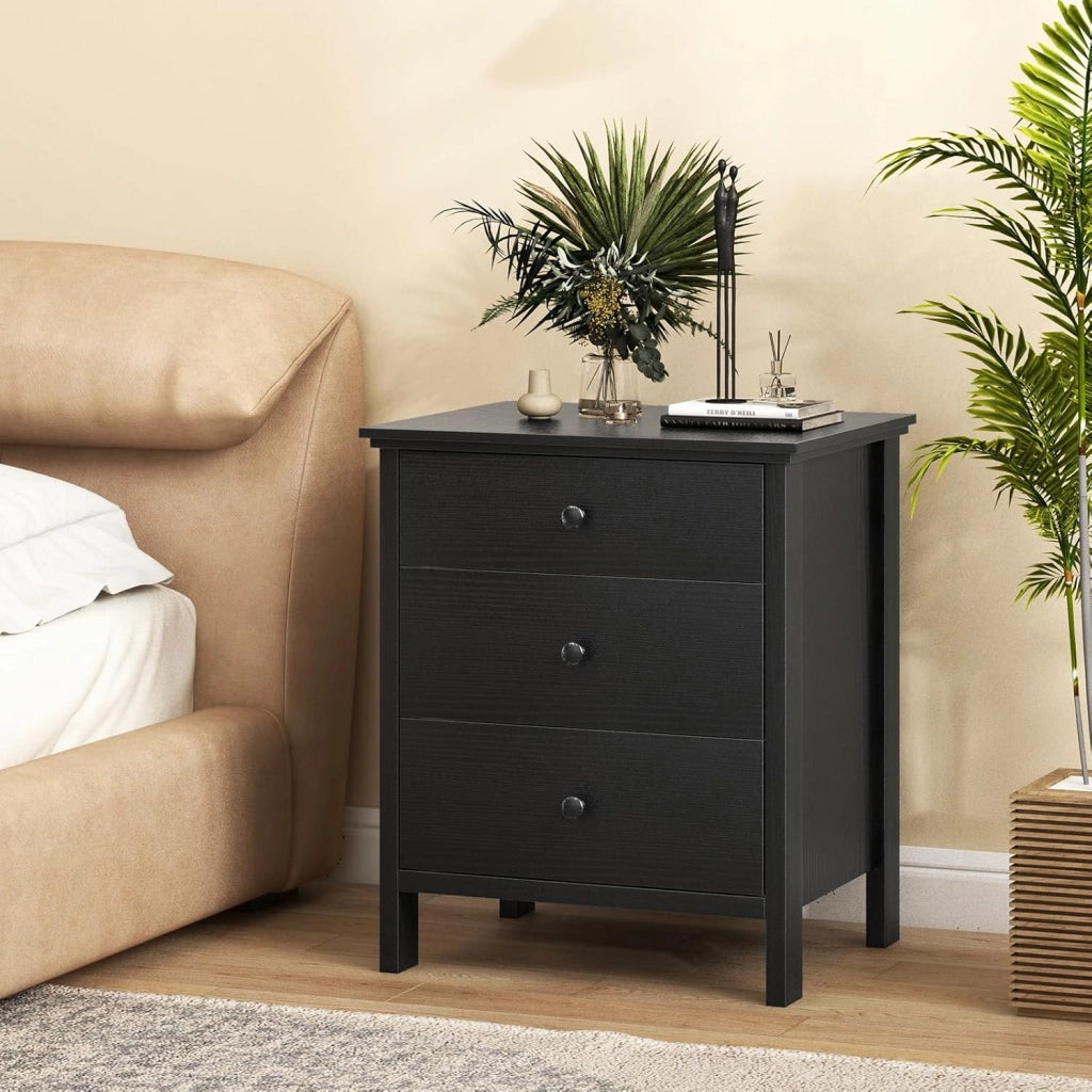 Comodino nero, credenza piccola con 3 cassetti, cassettiera indipendente, cassettiera moderna in legno, 56 x 45 x 66 cm