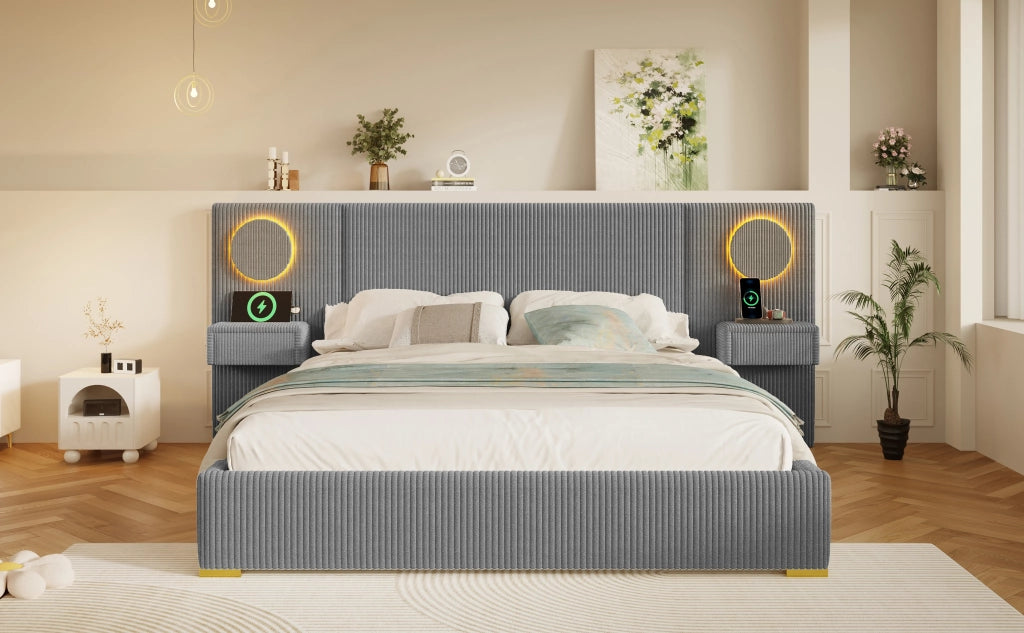 Letto matrimoniale 180x200 in velluto grigio con testiera LED e comodini integrati
