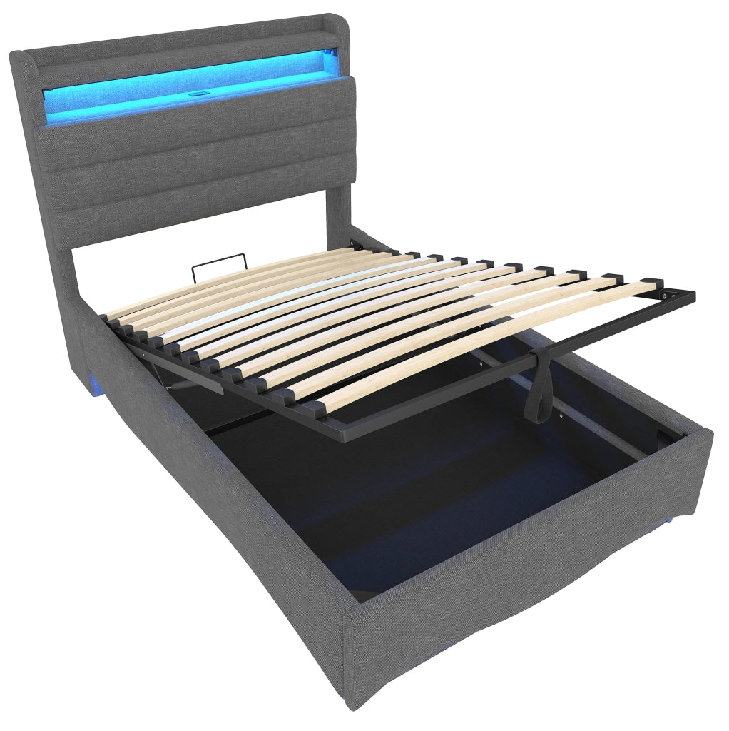 Letto imbottito 90x200 cm con LED; contenitore idraulico; USB e Type-C in lino grigio