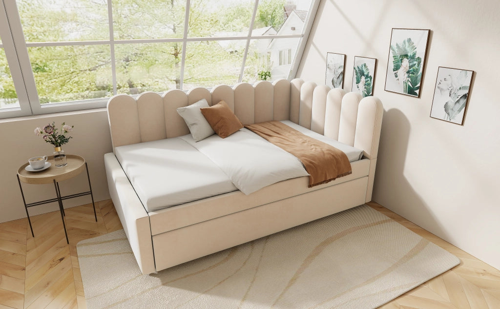 DESMIU Lit banquette 140 × 200 cm 2 posti con letto estraibile, senza materasso, in tessuto beige