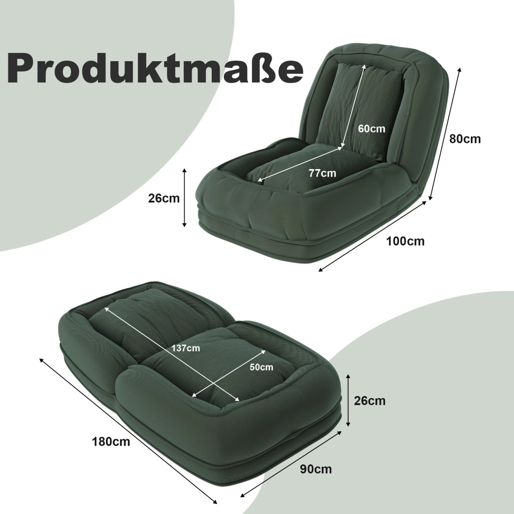 Divano letto ergonomico pieghevole con schienale regolabile a 5 posizioni, 2 cuscini e struttura in tessuto verde per soggiorno e lettura quotidiano