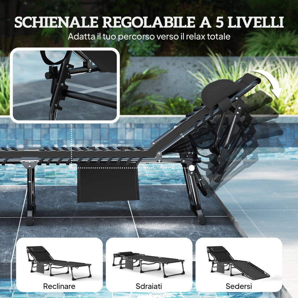 Set 2 Lettini Prendisole da Giardino Pieghevoli e Reclinabili su 5 Livelli con Cuscini, 57x200x38 cm, Nero