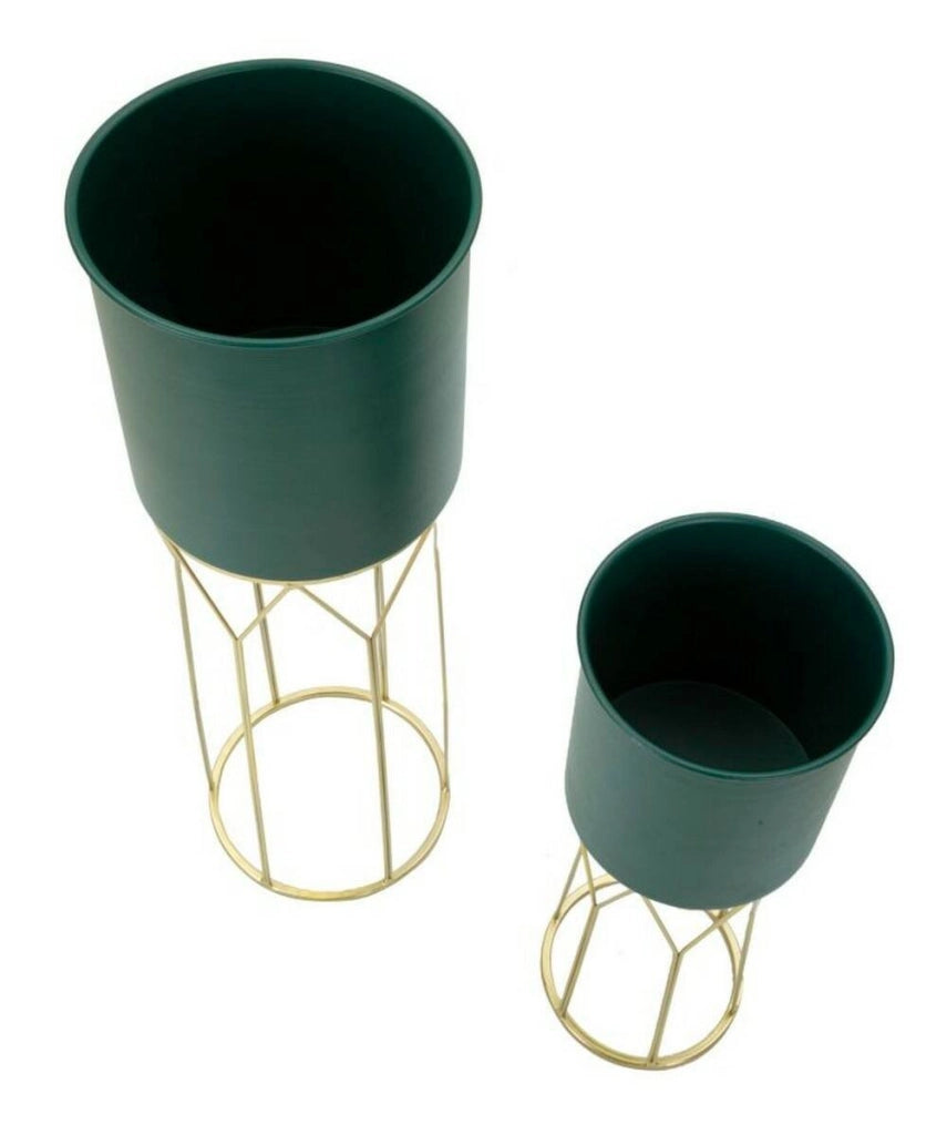 Set di 2 portavasi Parano, Complemento d'arredo, Articolo decorativo, Accessorio d'arredo, 23x23 h70 cm, Verde e Oro