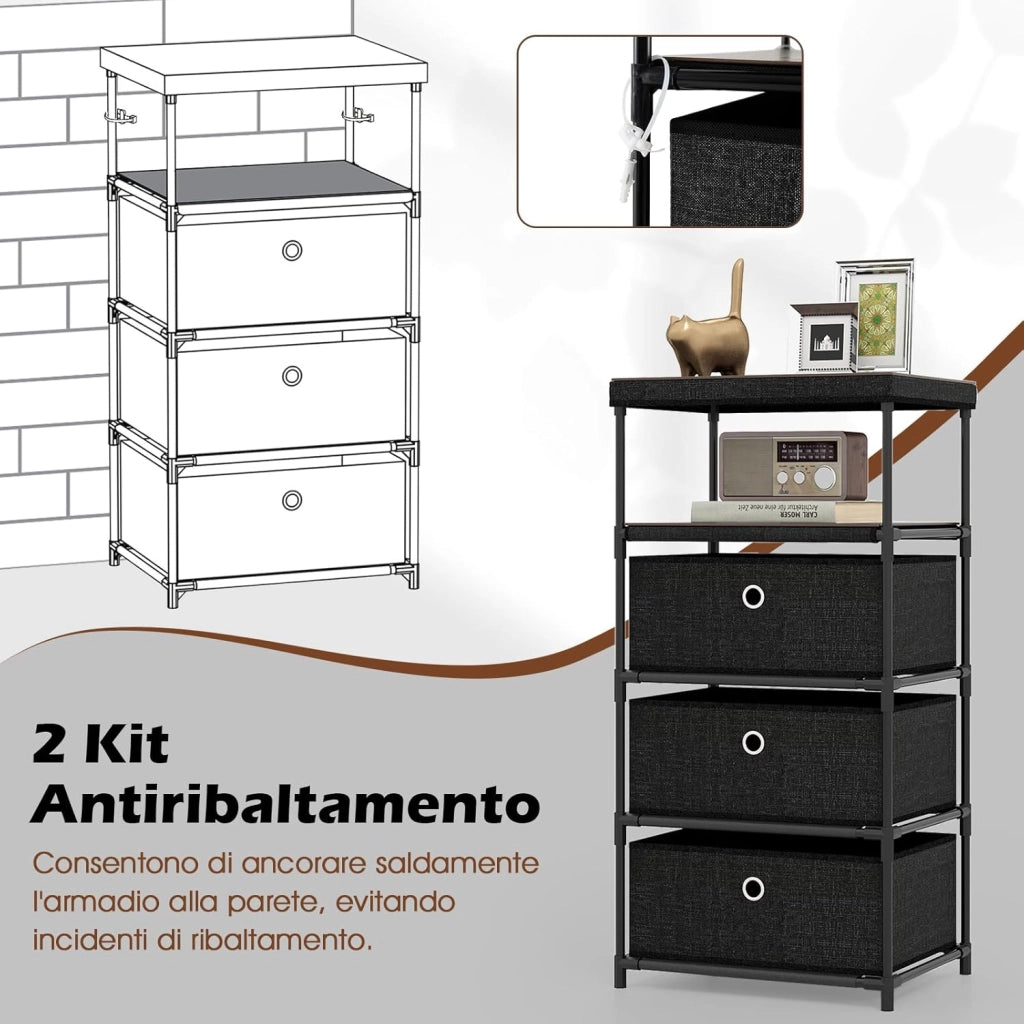 Cassettiere in Tessuto con 3 Cassetti Pieghevole, Comò Camera da Letto con Struttura in Metallo, Armadietto Moderno Salvaspazio per Soggiorno, Ufficio e Corridoio (40 x 30 x 81 cm)