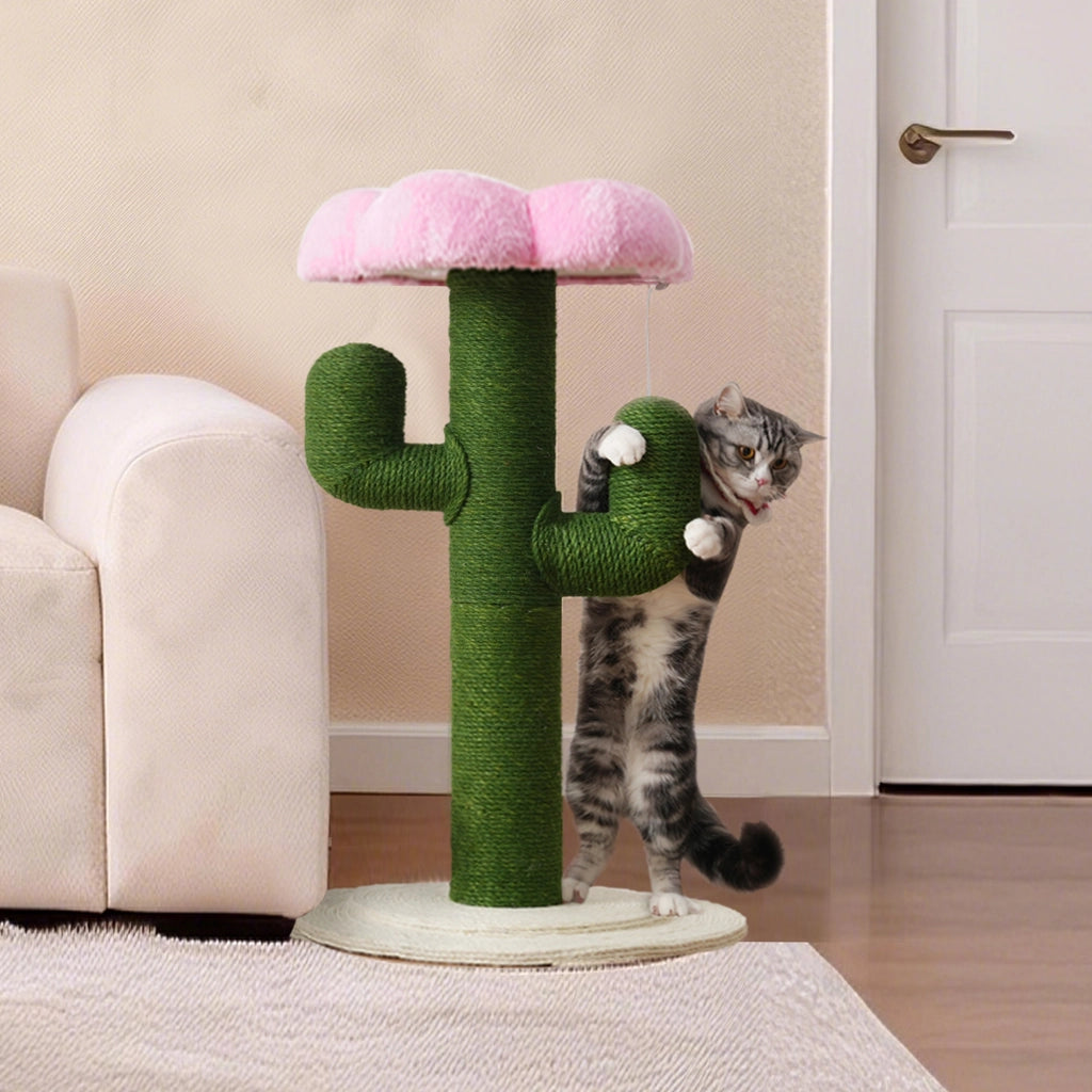 Albero tiragraffi per gatti a forma di cactus, 90 cm, con pali in sisal da 10 cm e protezione antiribaltamento, verde