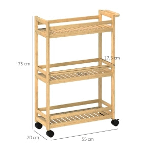 CARRELLO Portavivande 3 ripiani 55x20x75 cm in bambù color legno naturale con ruote