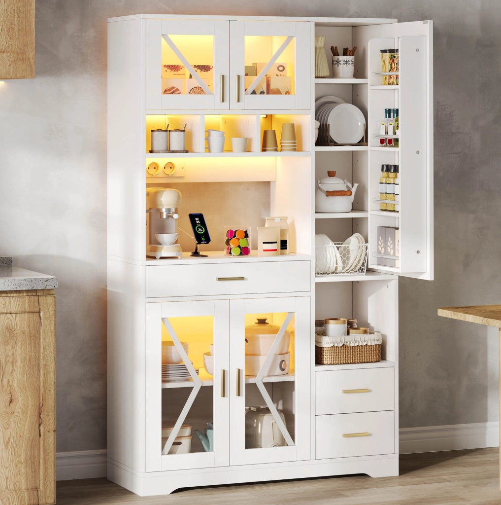Colonna da cucina 105x40x185 cm in MDF bianco, stile rustico, con LED e prese