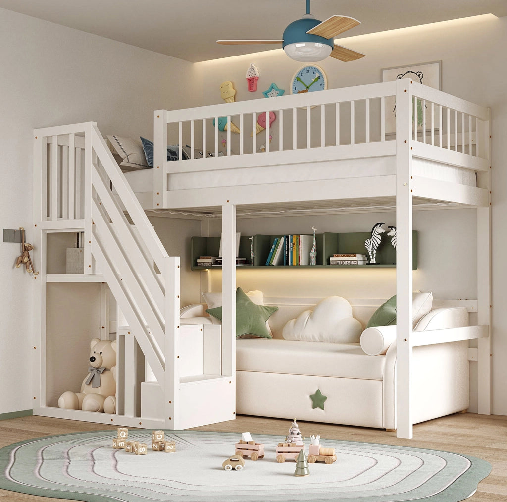 Letto singolo 90x200 cm; scala con contenitore; legno; bianco (Senza materasso)