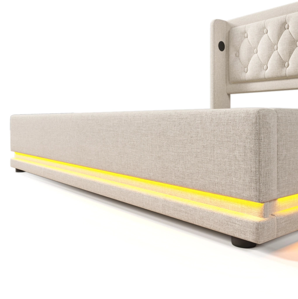 Letto matrimoniale contenitore 140x200 cm con LED; USB e USB-C; rivestimento in cotone beige con materasso
