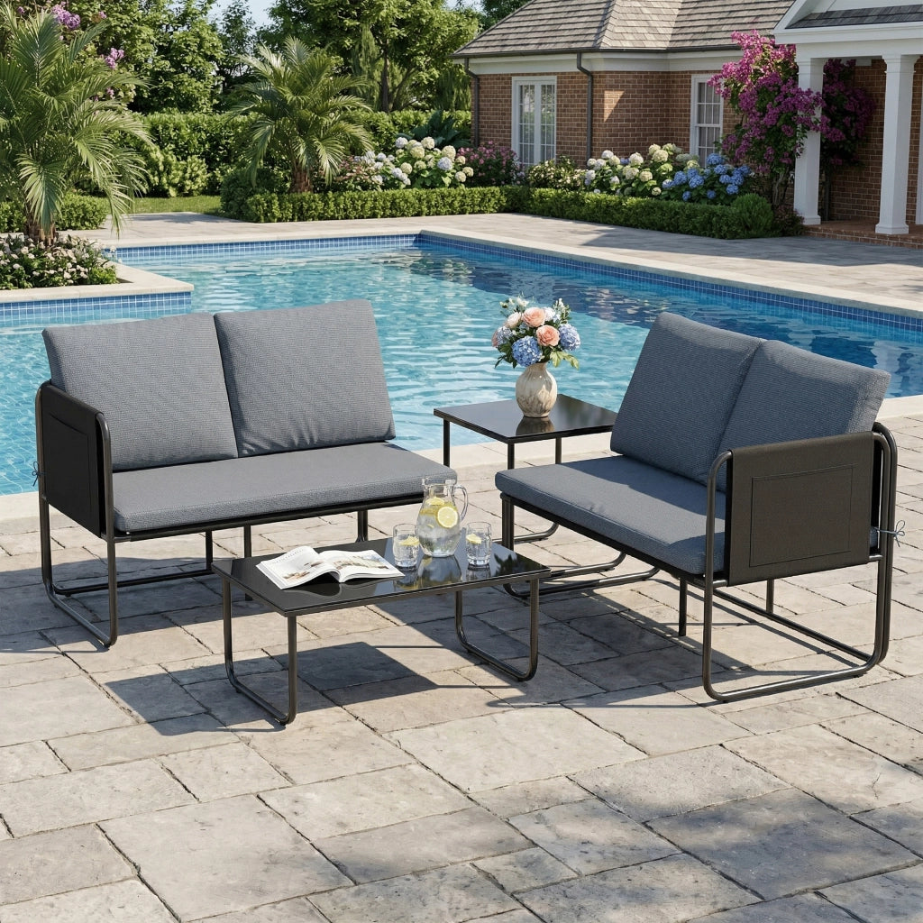 Set Giardino 4 Pezzi con Divani 2 Posti e Tavoli Vetro ¨C Zephmum ¨C Grigio