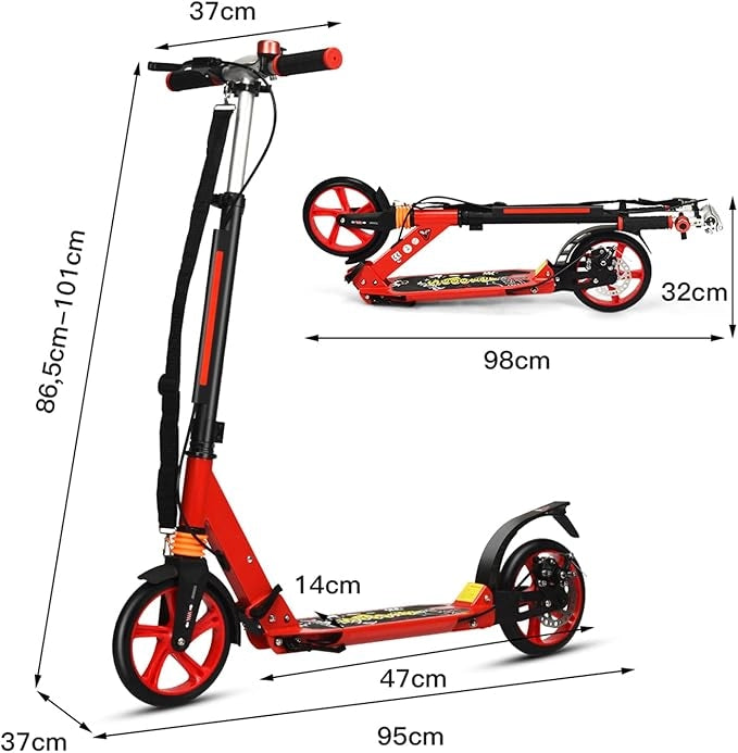 Monopattino Bambini e Adulti, Monopattino a Spinta Pieghevole e Regolabile in 3 Altezze, Monopattino Portatile con 2 Ruote, Cavalletto, Freno e Pedale Antiscivolo, Portata 100 kg