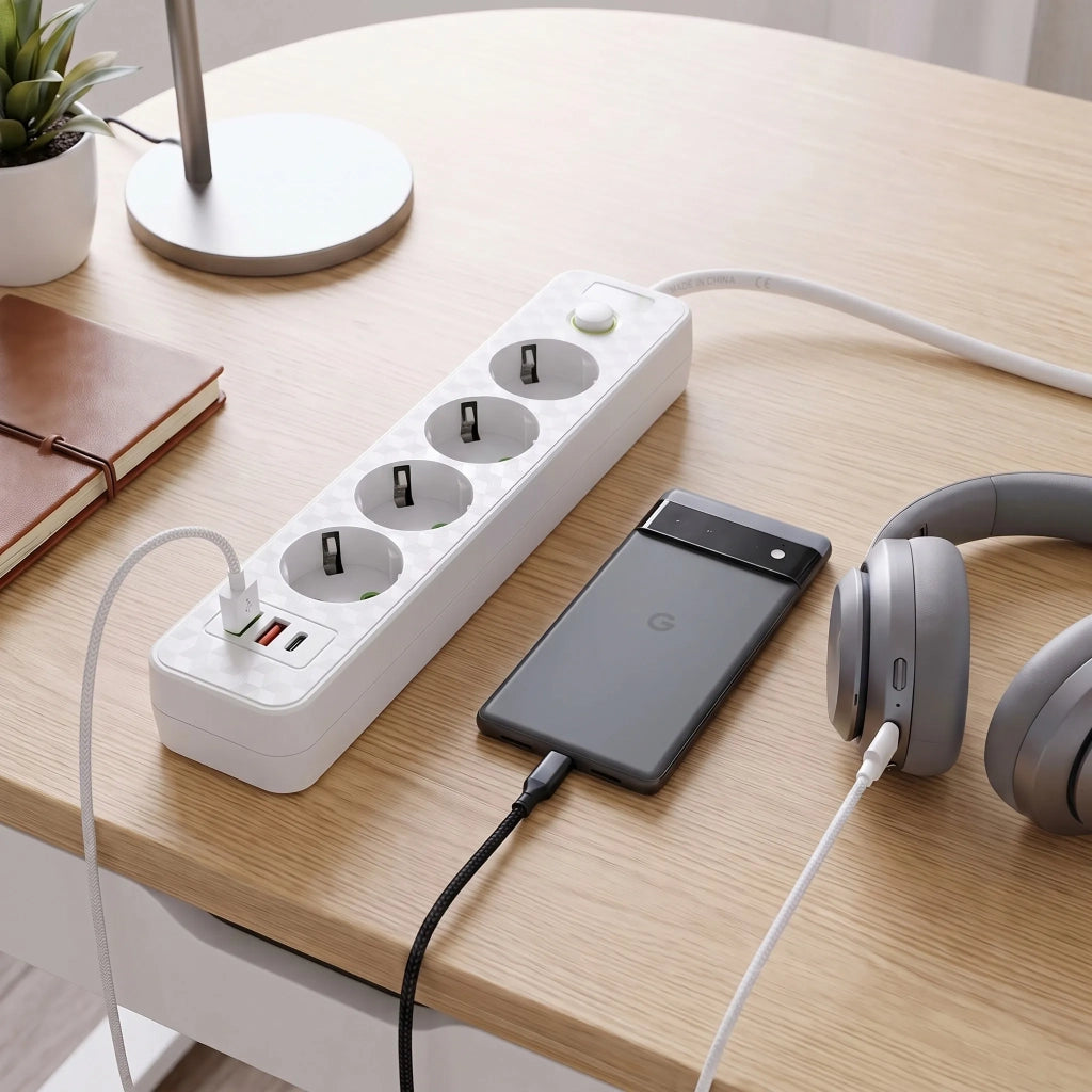 Multipresa Con Prolunga, 4 Prese + 2 Porte Usb-a + Usb-c Jnh021-4a White