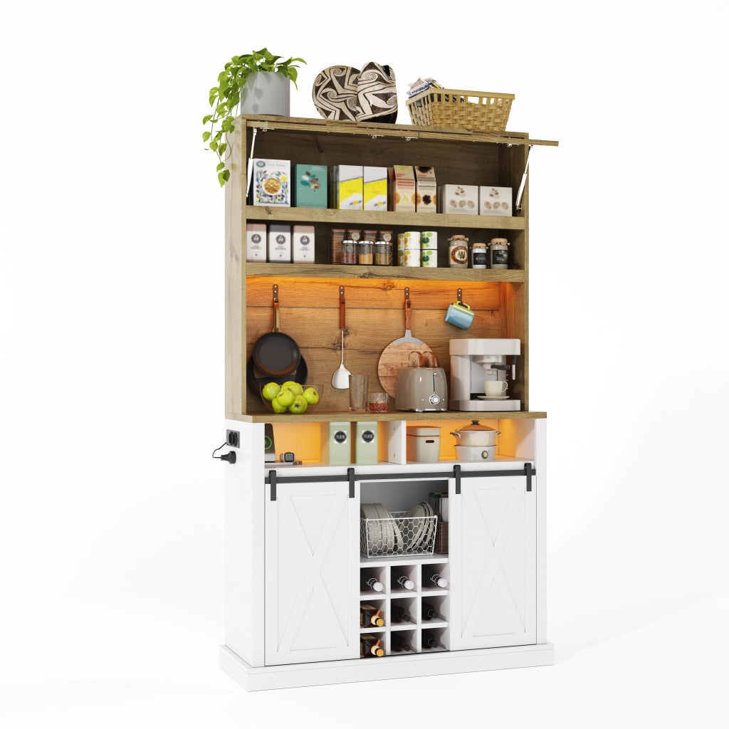Credenza alta da cucina con vetrina, LED RGB, ripiani aperti e ante scorrevoli, 110 x 40 x 191 cm