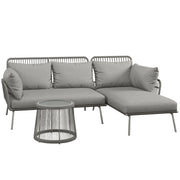 Set da Giardino 3 Pezzi in Stile Boho Divano 2 Posti Chaise Longue e Tavolino in Rattan PE Grigio Chiaro
