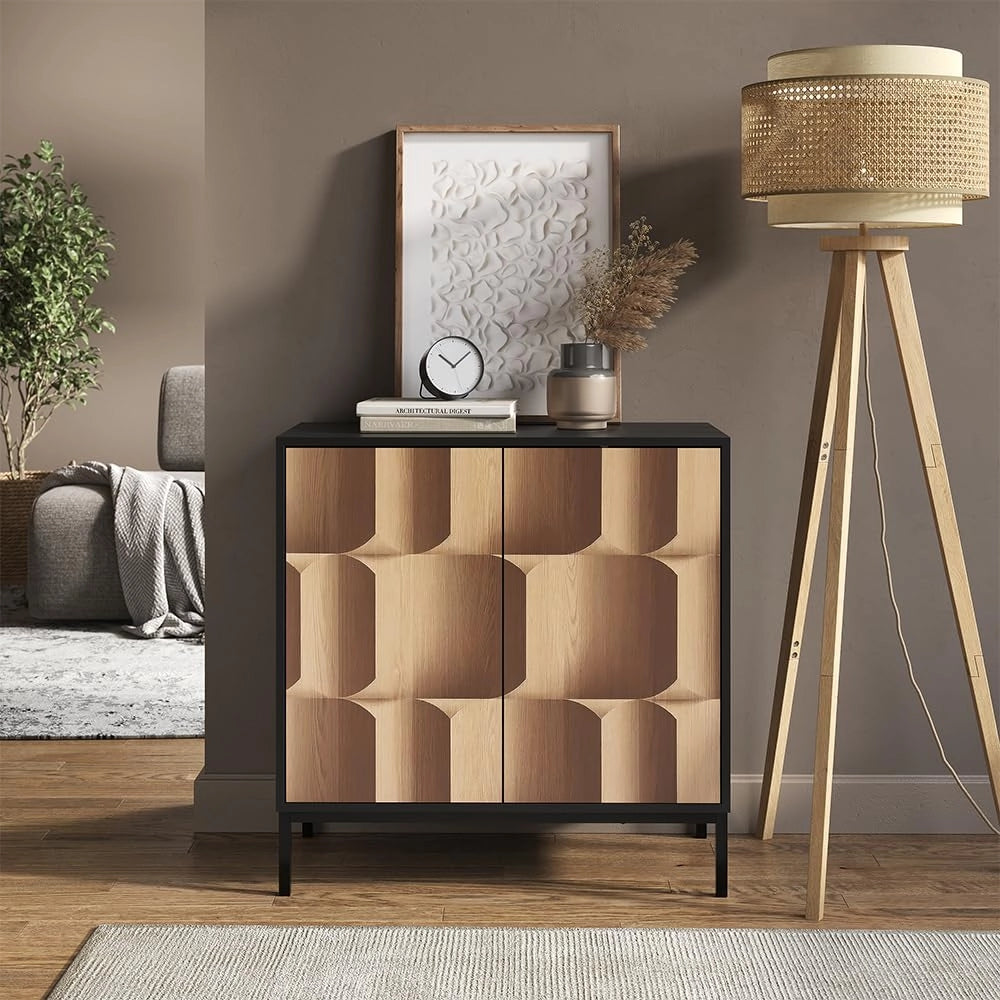 Credenza Eliza, Nero/quercia, 80 x 81.2 cm con 2 ante, Meccanismo push-to-open e superficie facile da pulire
