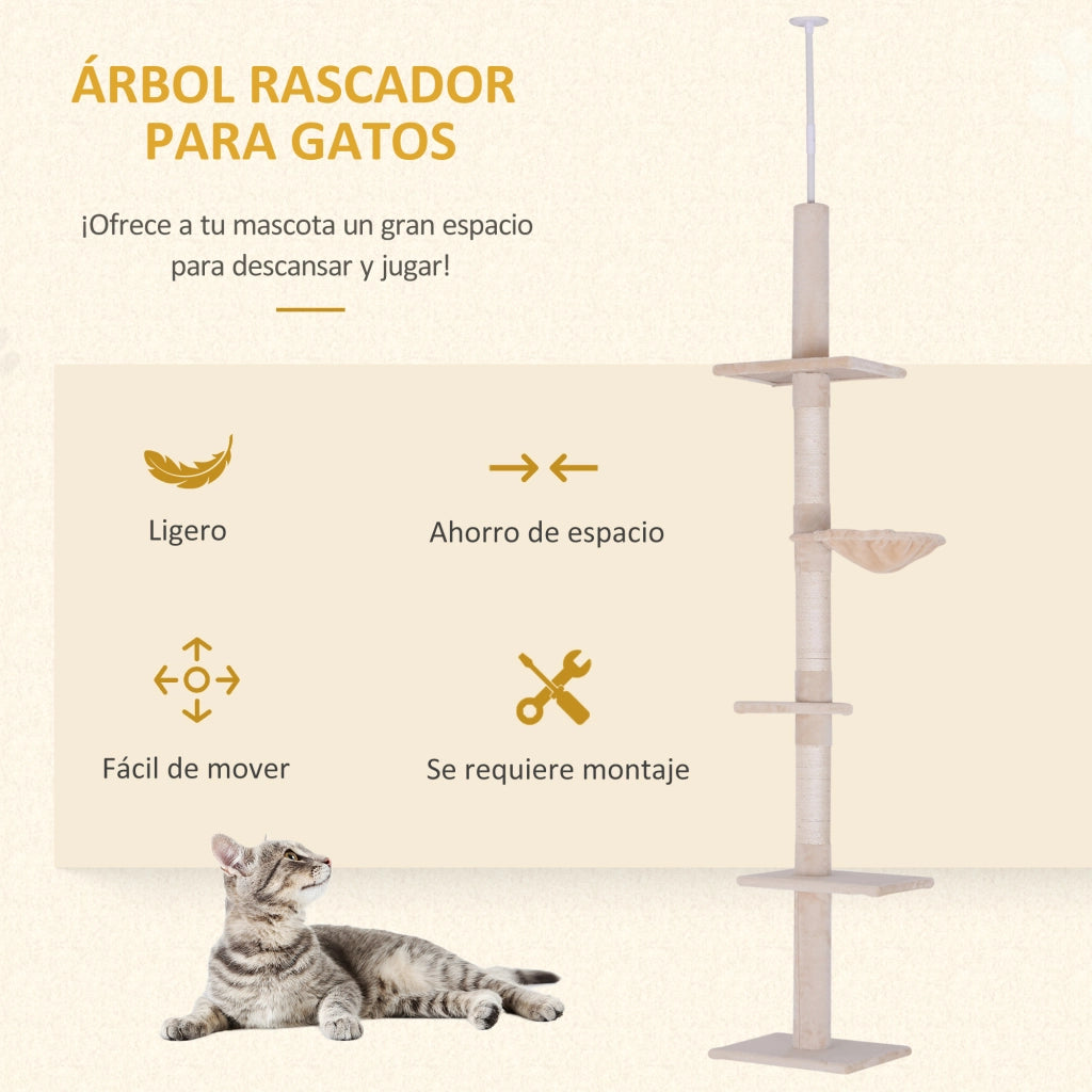 Albero per gatti regolabile 230-260 cm con piattaforme amaca e pali sisal beige ¨C zephmum