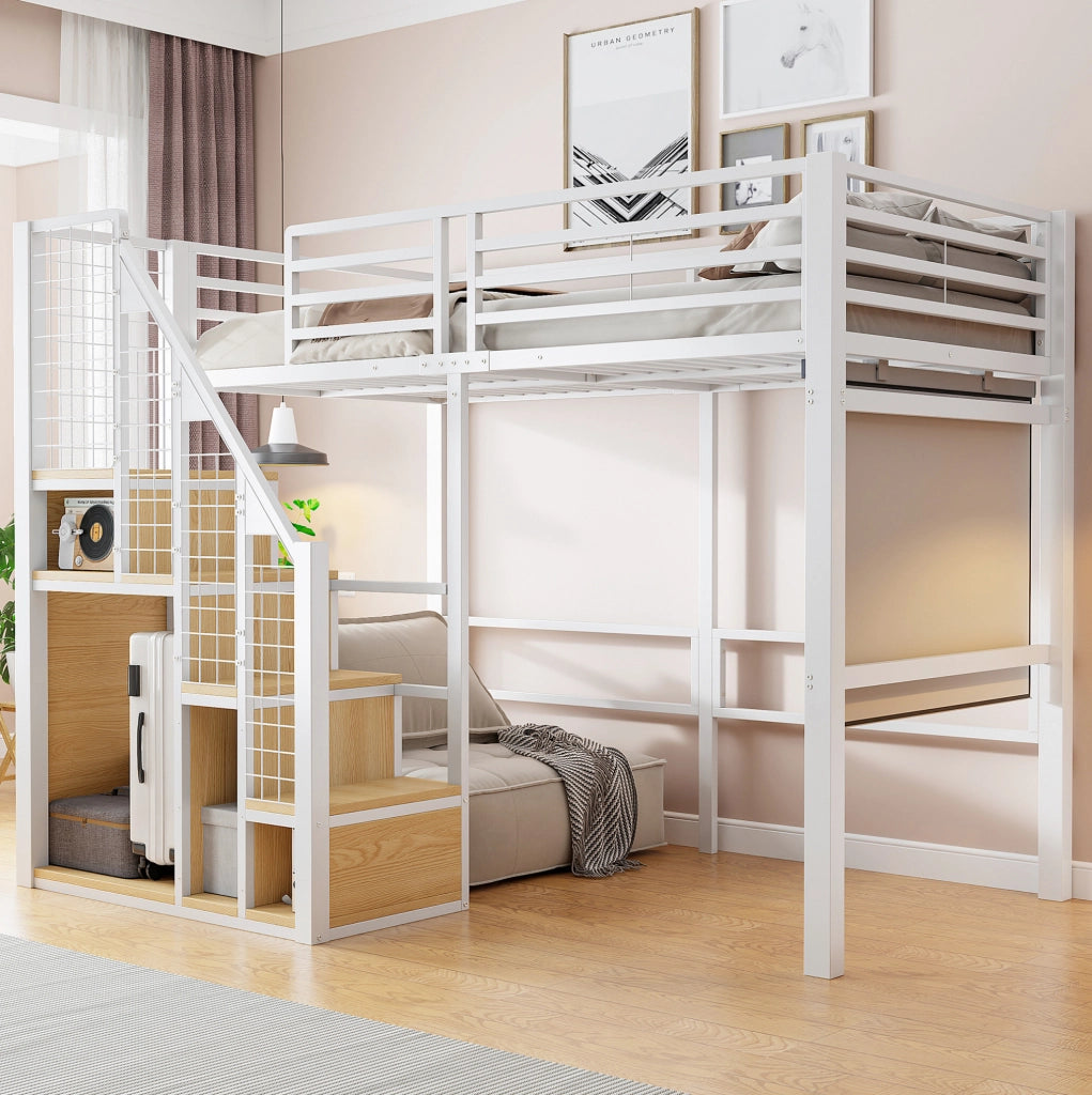 Letto a soppalco singolo 90x200 cm in metallo con scala e vano contenitore; bianco