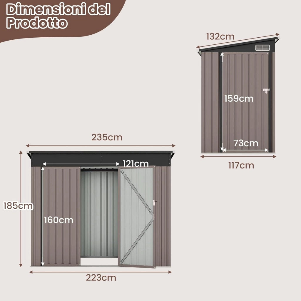 Capanno da Giardino 2,6㎡, Casetta Porta Attrezzi da Esterno in Metallo Zincato Resistente alle Intemperie con 2 Porte e Tetto Inclinato, Ripostiglio per Cortile (Grigio Caldo)