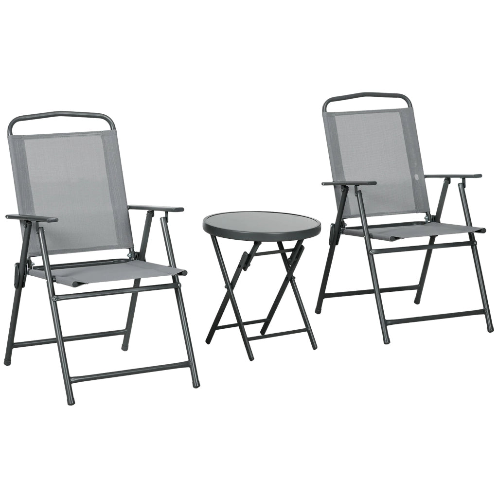 Set Tavolino e 2 Sedie Pieghevoli da Giardino  in Metallo Grigio Chiaro