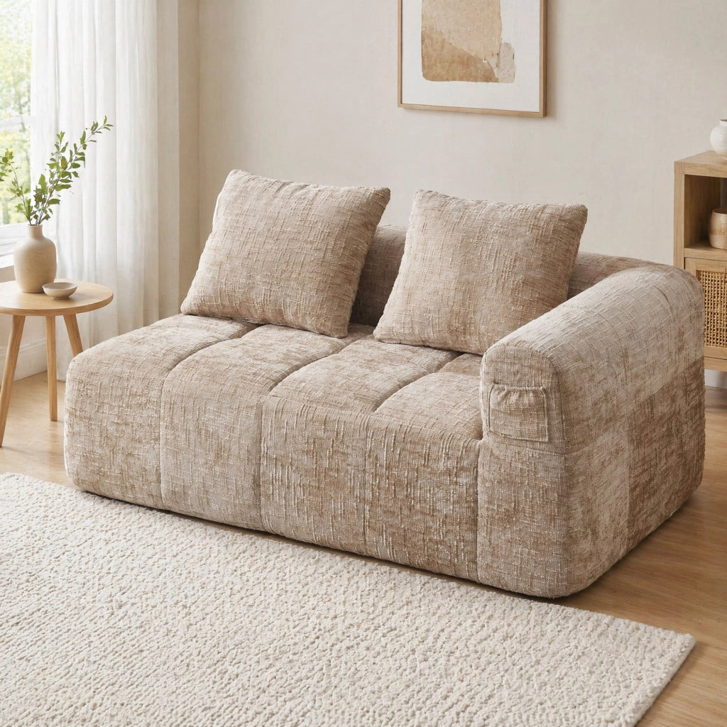 Divano a 2 posti con chaise longue, tessuto chenille, cuscino incluso, tasche laterali, kaki