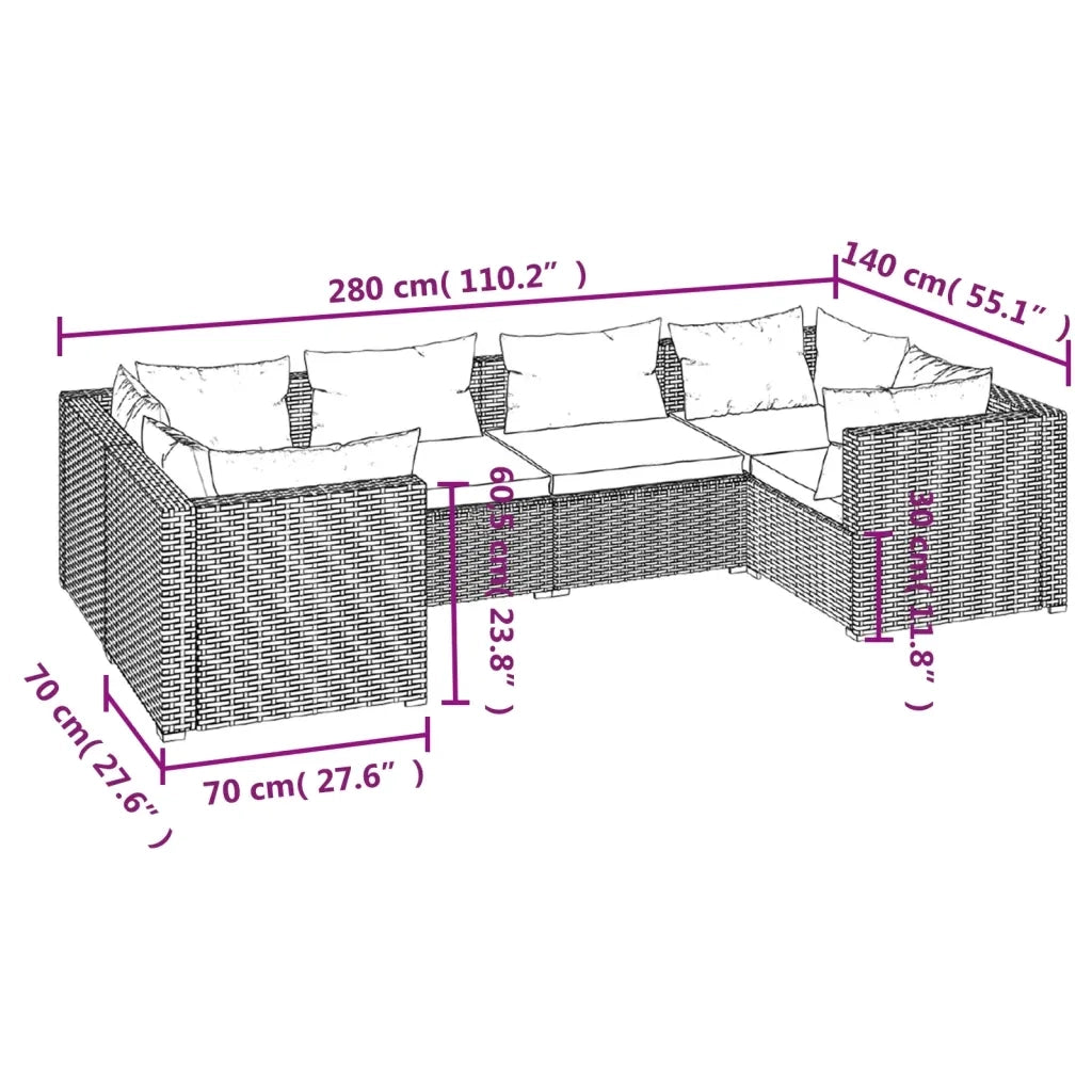 Set Divani da Giardino 6 pz con Cuscini in Polyrattan Nero cod mxl 40417