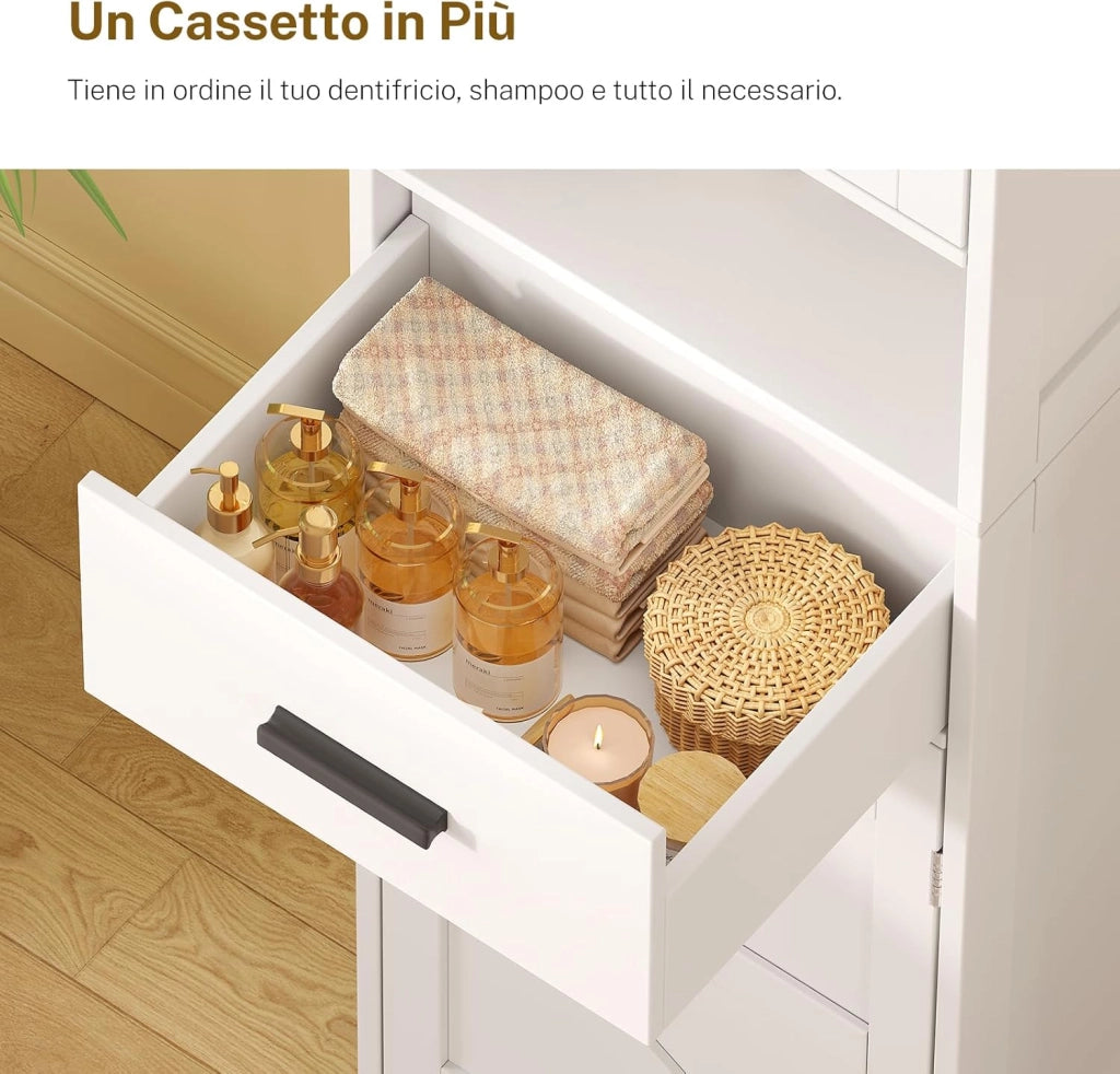 Mobiletto Bagno Salvaspazio con Ante Regolabili, Mobile Bagno Alto con 2 Ante e 1 Cassetto, Colonna Bagno con Ripiani Regolabili, Mobiletto compatto da terra, Bianco 40x30x170cm