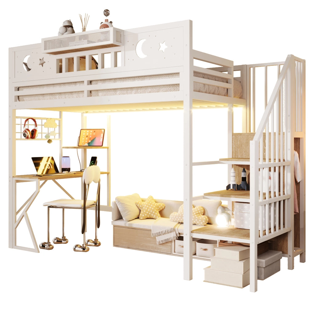 Letto a soppalco 90x200 cm con scrivania; pannello pegboard; ripiani; LED e USB; metallo bianco