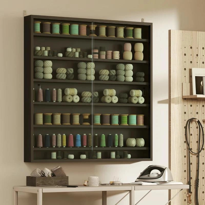 BACHECA PORTAOGGETTI A 6 RIPIANI REGOLABILI IN LEGNO CON ANTE IN VETRO, 80X9.5X83 CM, NERO