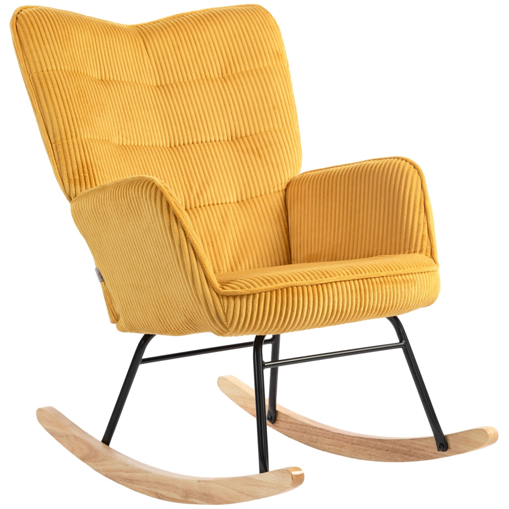 Fauteuil a dondolo con rivestimento in velluto a coste, schienale alto e braccioli, struttura in acciaio giallo