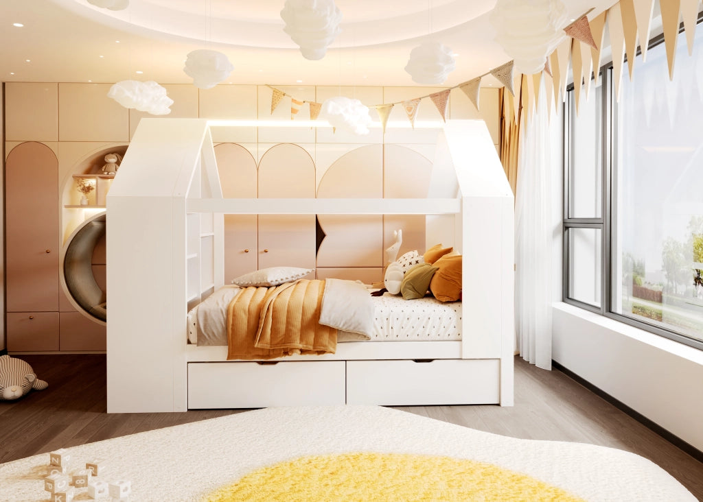 Letto per bambini 90 × 200 cm a casetta con 2 cassetti, LED, ripiani, senza materasso, in legno, bianco