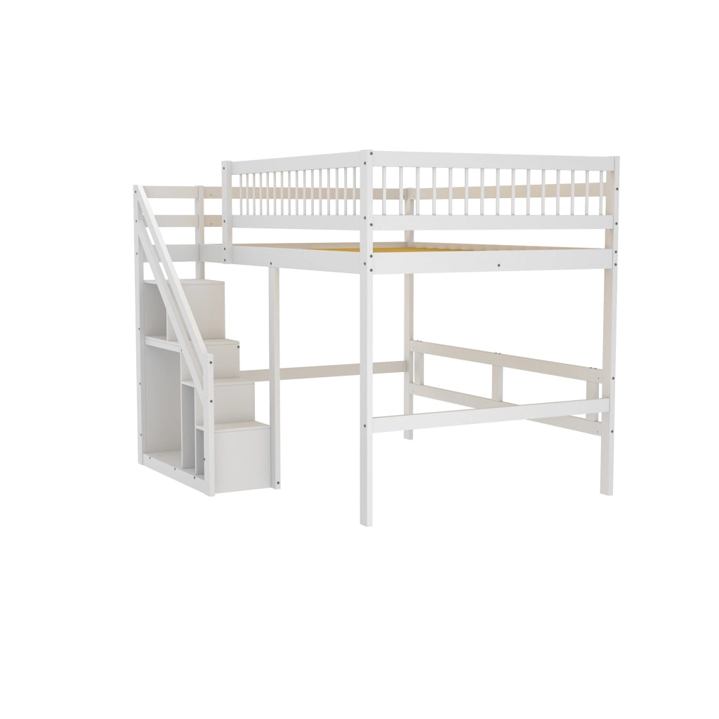 Letto a Soppalco Matrimoniale con Scala Contenitore e Sponda Alta; 140×200 cm; senza Materasso; Bianco