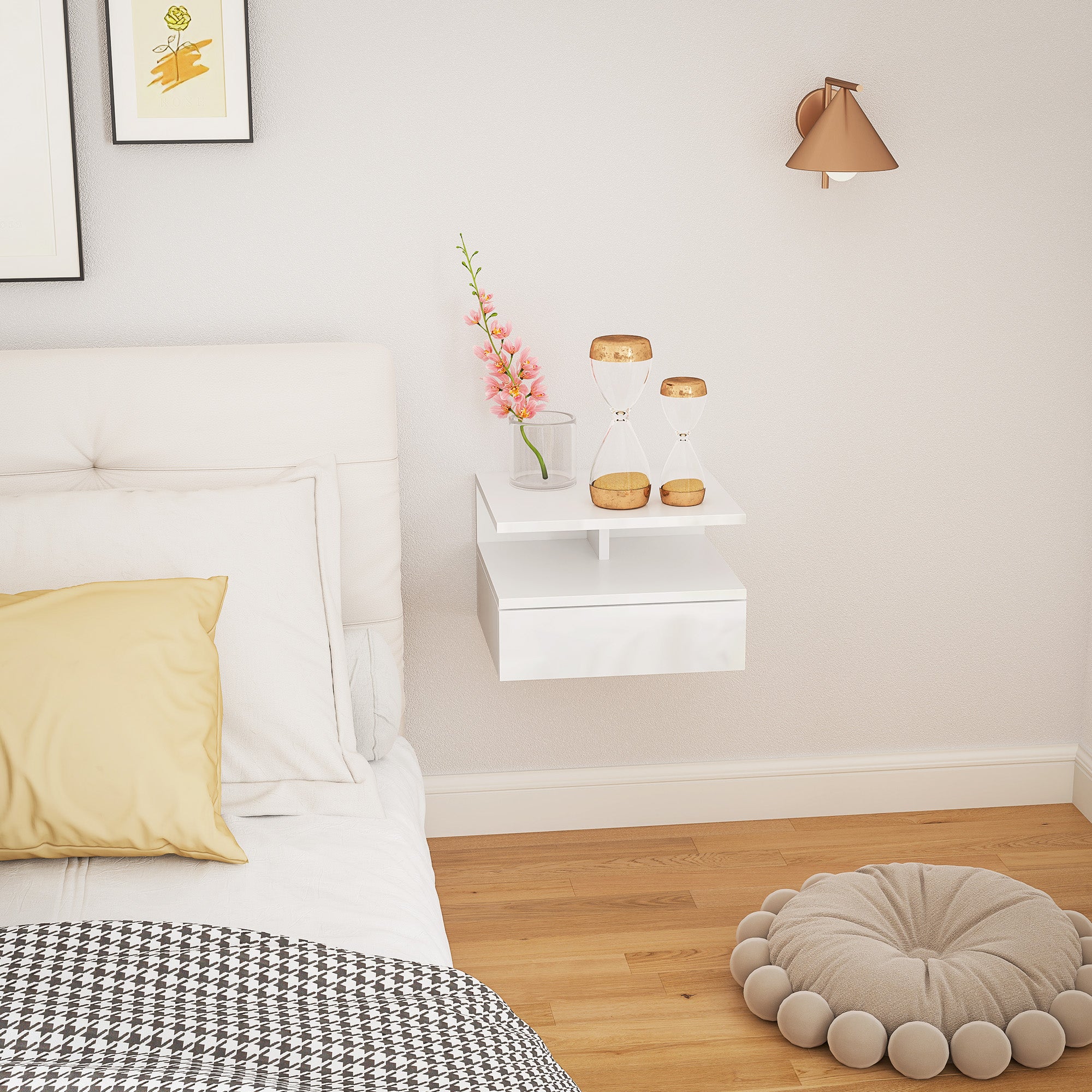 Comodino Sospeso 35x32x22,5 cm con Cassetto e Ripiano Aperto in Legno Bianco