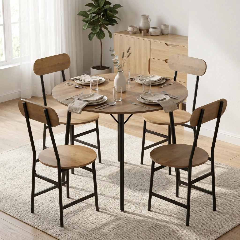 Set Pranzo 5 Pezzi Tavolo Ø100x77 cm e 4 Sedie 42x52x88 cm con Gambe Metallo Color Legno