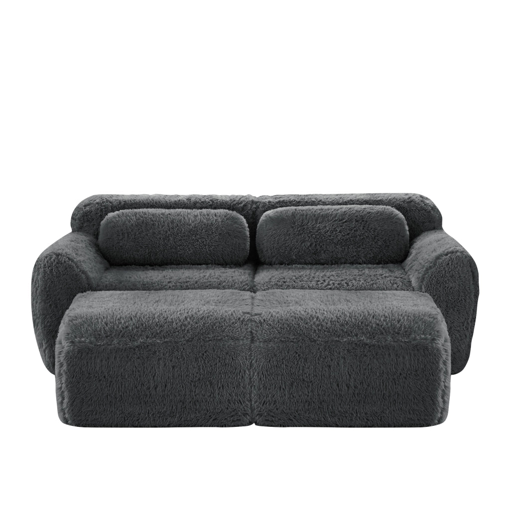 Divano Modulare 2 Posti con 2 Pouf; Senza Montaggio; Seduta Ampia e Base Antiscivolo; in Peluche; Grigio