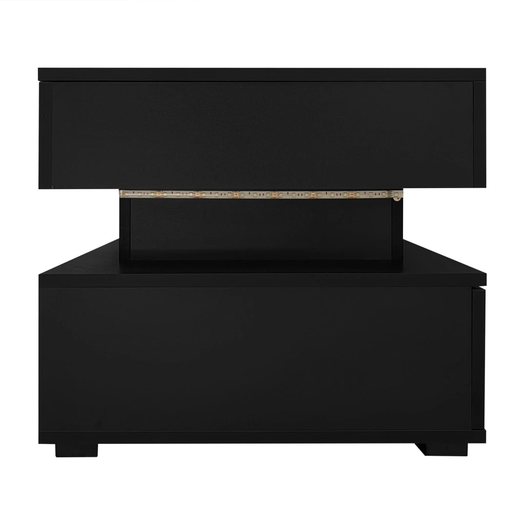 Tavolino basso sollevabile con LED e 2 cassetti, vano aperto e spazio contenitore nero 100 × 50 × 44 cm