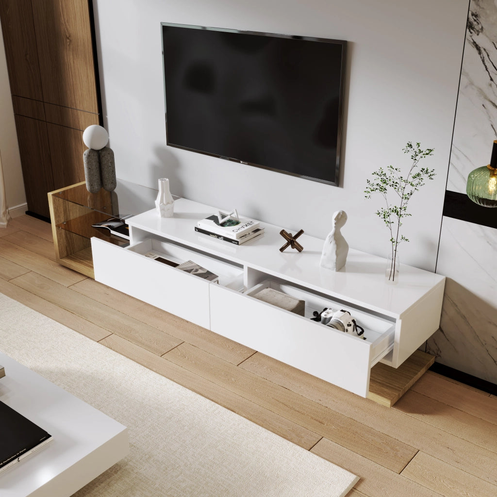 Mobile TV con 2 Cassetti e 2 Ripiani in Vetro con LED regolabile tramite app per Soggiorno in Truciolare Bianco 170 × 36 × 38 cm
