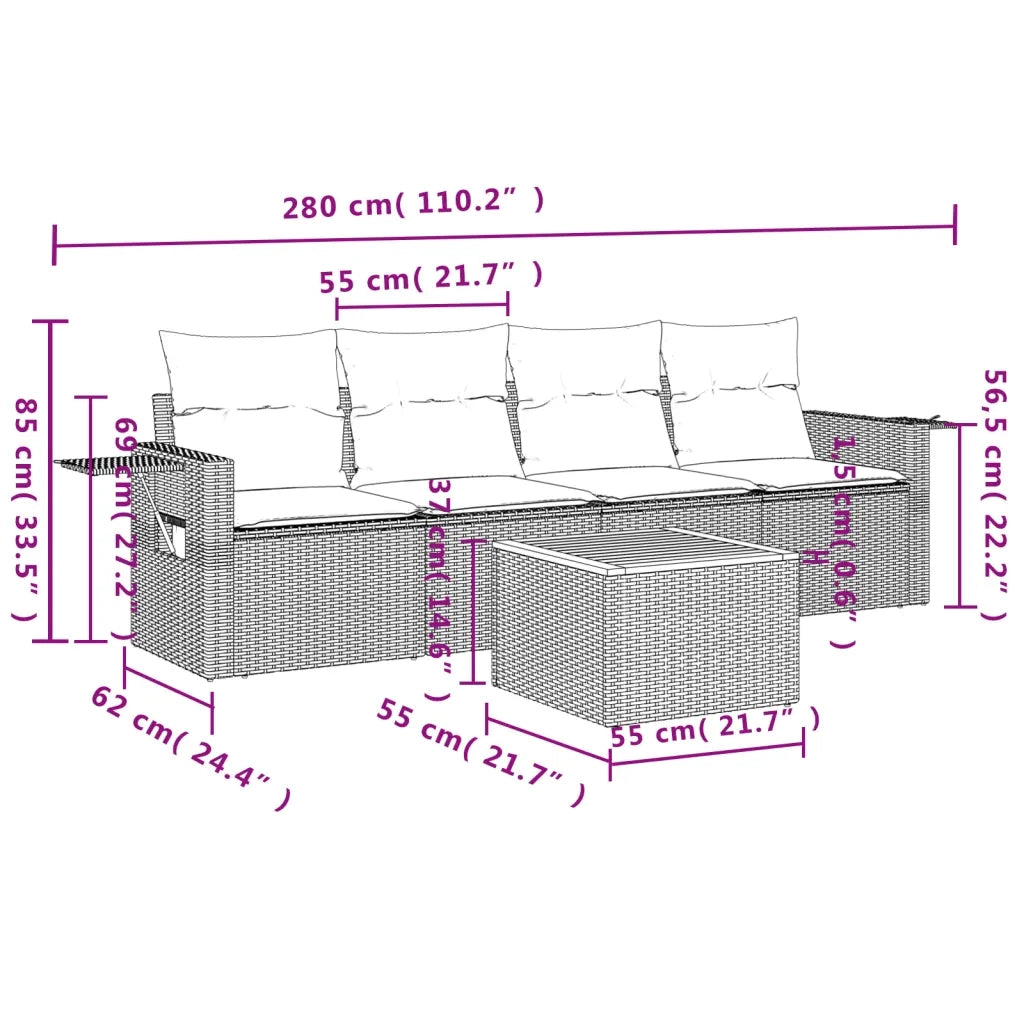 Set Divani da Giardino 5 pz con Cuscini in Polyrattan Nero 3256770