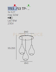 SOSP. OTTONE SAT. 3 LUCI TONDA VETRI PICCOLI (2 FUME'+1 TRASPARENTE) 1193OS-S3 TP-TF