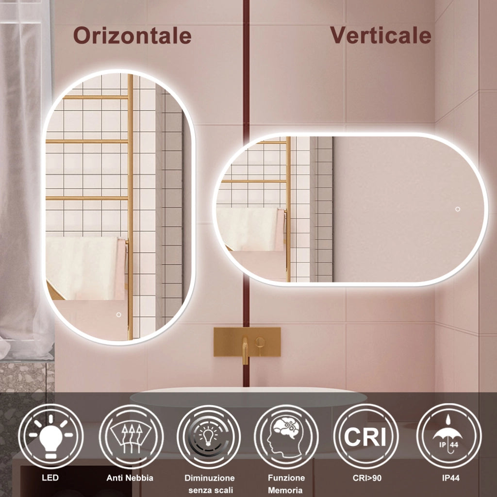 AICA Specchio da bagno 80 x 60 cm, dimmerabile，interruttore touch， Funzione Memoria, antiappannamento