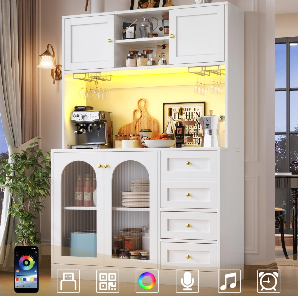 Credenza da cucina bianca con LED e vetro, 120x40x188 cm