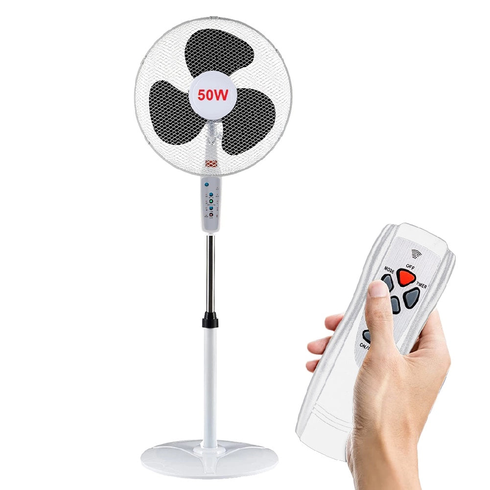 Ventilatore a Piantana Bianco 50W con Telecomando Timer 3 Velocità Base Tonda