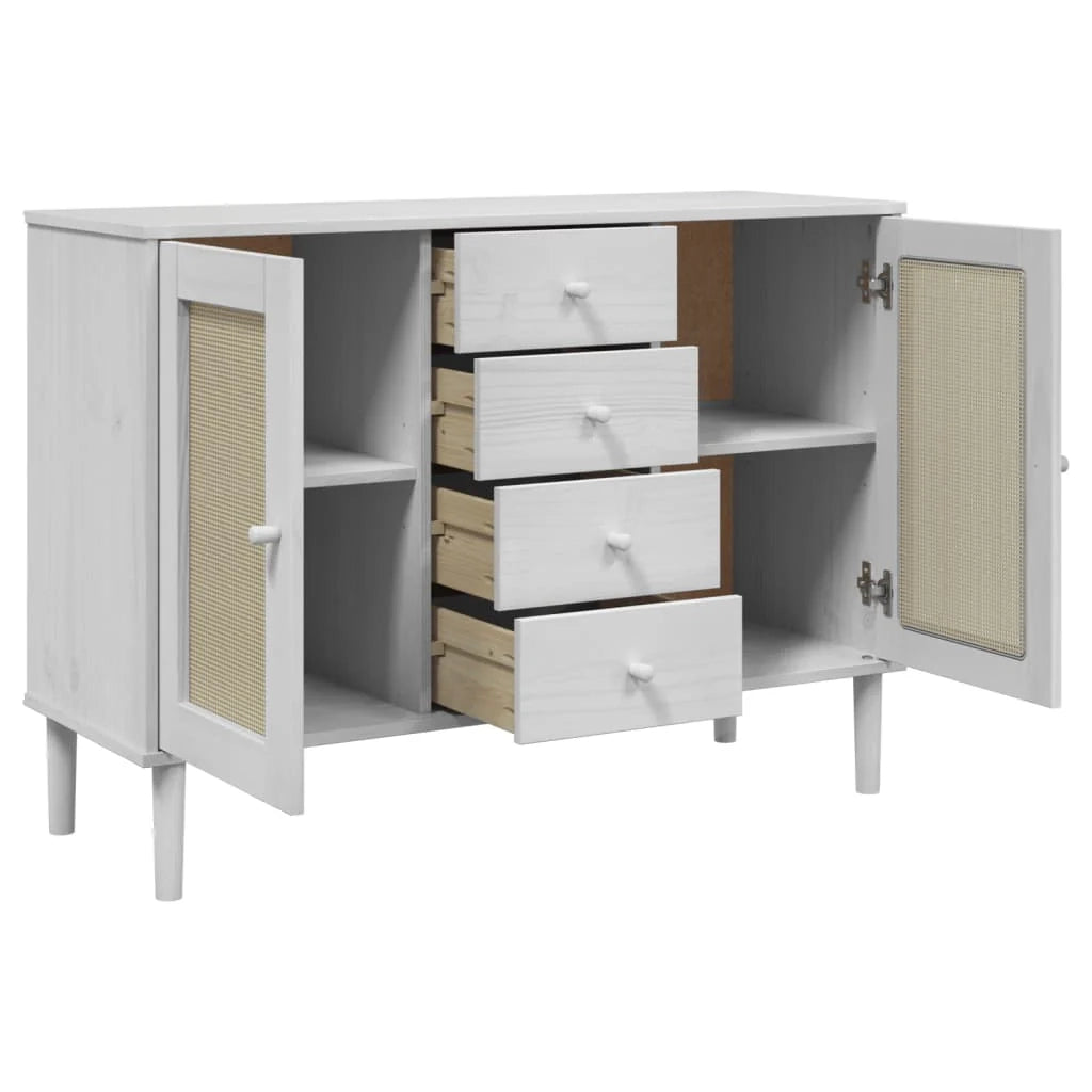 Buffet credenza cassettiera armadio mobile contenitore organizer per cucina soggiorno effetto rattan 112 x 40 x 80 cm legno massello di pino bianco 02_0036223