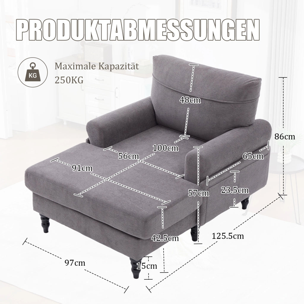 Poltrona Relax Ampia con Tasche Laterali Schienale e Braccioli Confortevoli Piedi in Legno Massello in Ciniglia Grigio Scuro