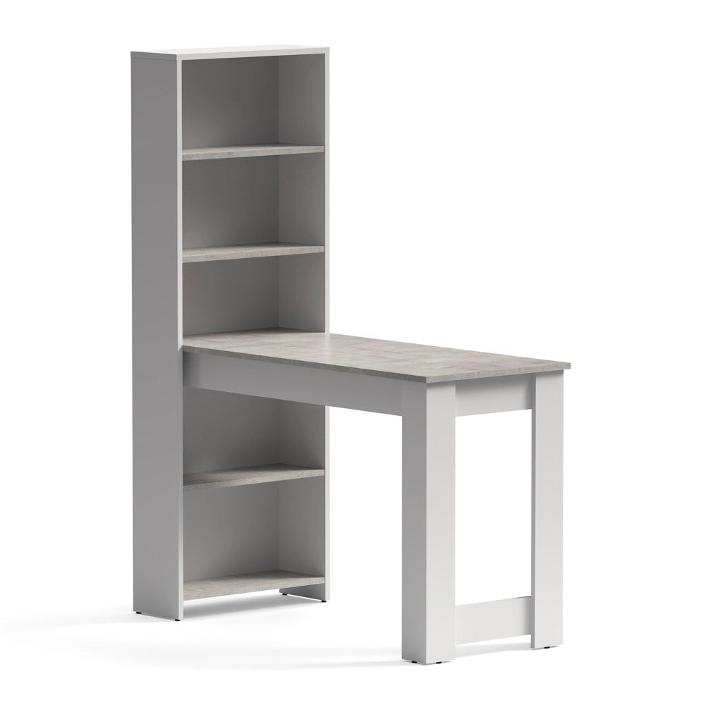 Scrivania Compatta Mojo02 con Libreria Integrata Bianca e Piano Effetto Cemento