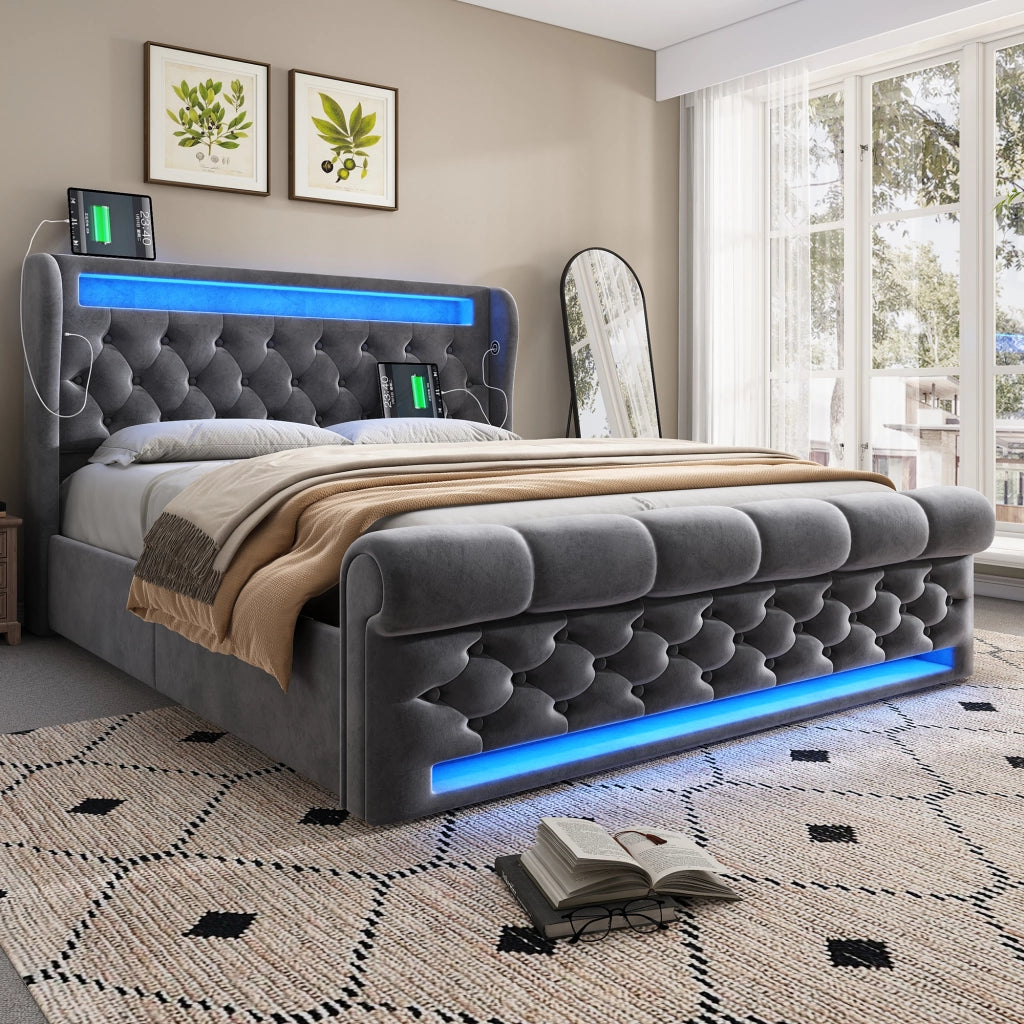 Letti contenitori 140x190 cm; LED integrato; ricarica USB e Type C; velluto; grigio (Senza materasso)