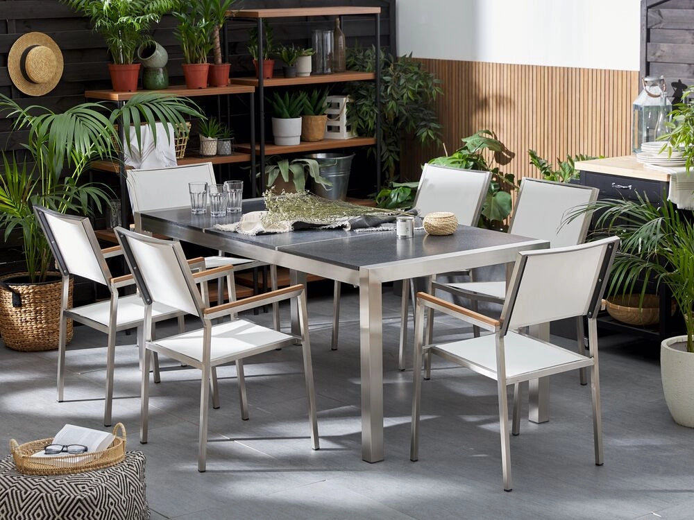 Set da Giardino Tavolo Piano Basalto Fiammato 6 Sedie Bianche 180 x 90 cm