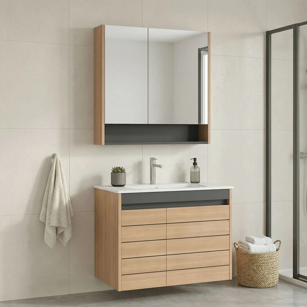 Set mobile lavabo con specchio (2 pezzi) "Ricato 80" - 81 x 47 x 62 cm - Rovere
