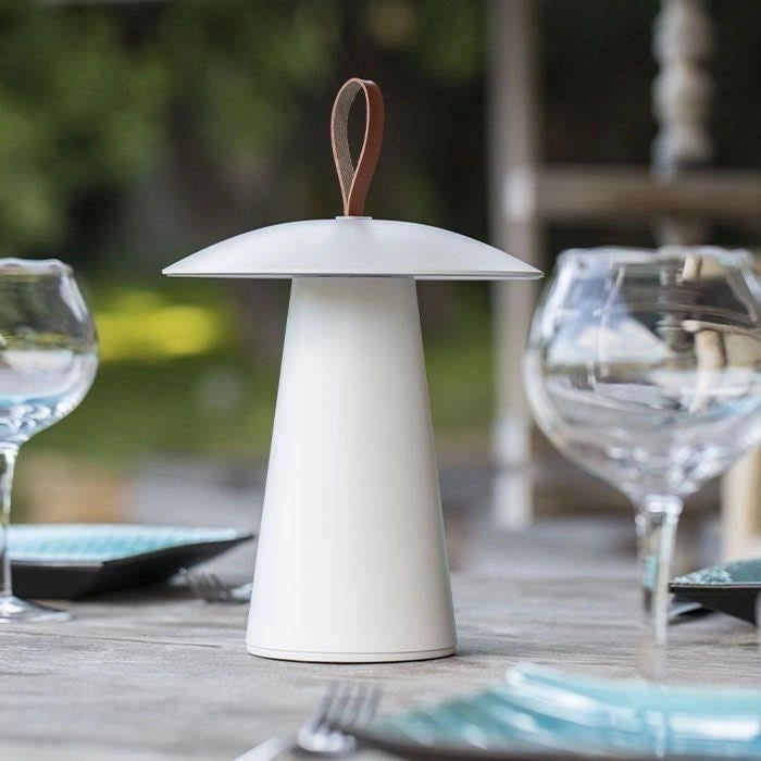 Lampada da tavolo senza fili - LUMISKY - FUNGY - H29 cm - Alluminio - Manico in pelle - LED bianco caldo